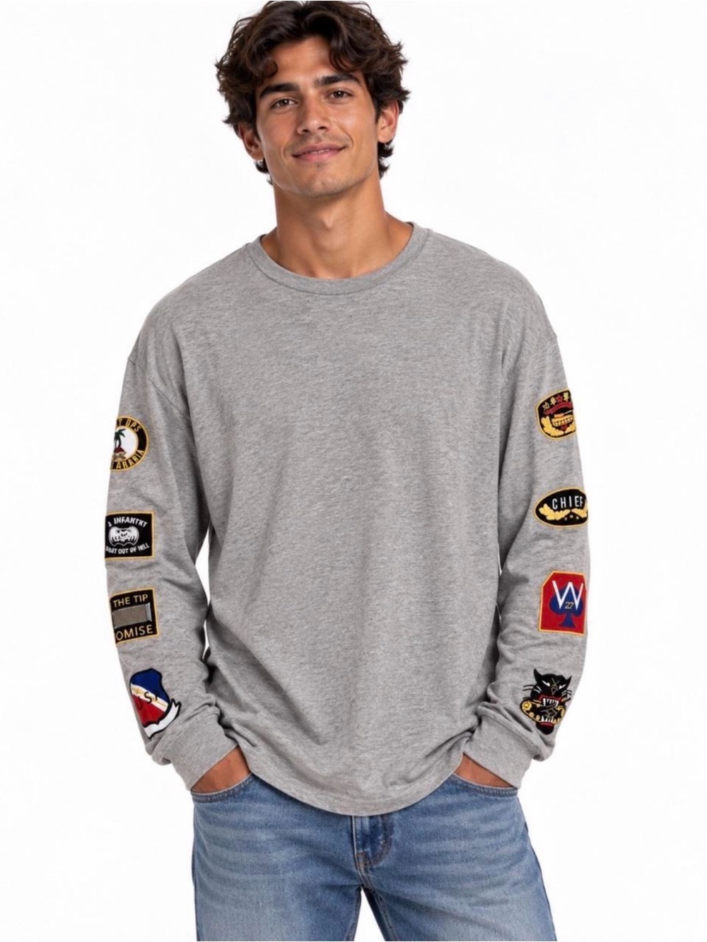 PacSun Men's Gray Long Sleeve Crewneck Shirt with Sleeve Patches